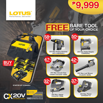 Lotus Starter Kit (4x 4Ah Batteries + Bag + Charger CCB400X4) with Free Bare Tool of Your Choice
