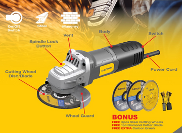 LOTUS ANGLE GRINDER 750W + 3PC AC SG750X