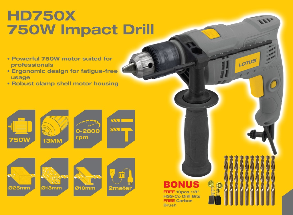 LOTUS IMPACT DRILL 750W 10PC HSS CO HD750X Lotus Tools Philippines